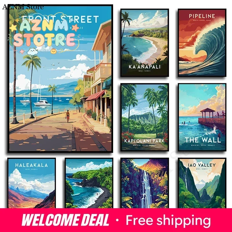 Vintage Hawaii Lahaina Travel Mountain Beach Nature Landscape Poster Canvas Painting Wall Art Pictures Home Interior Decor Gi