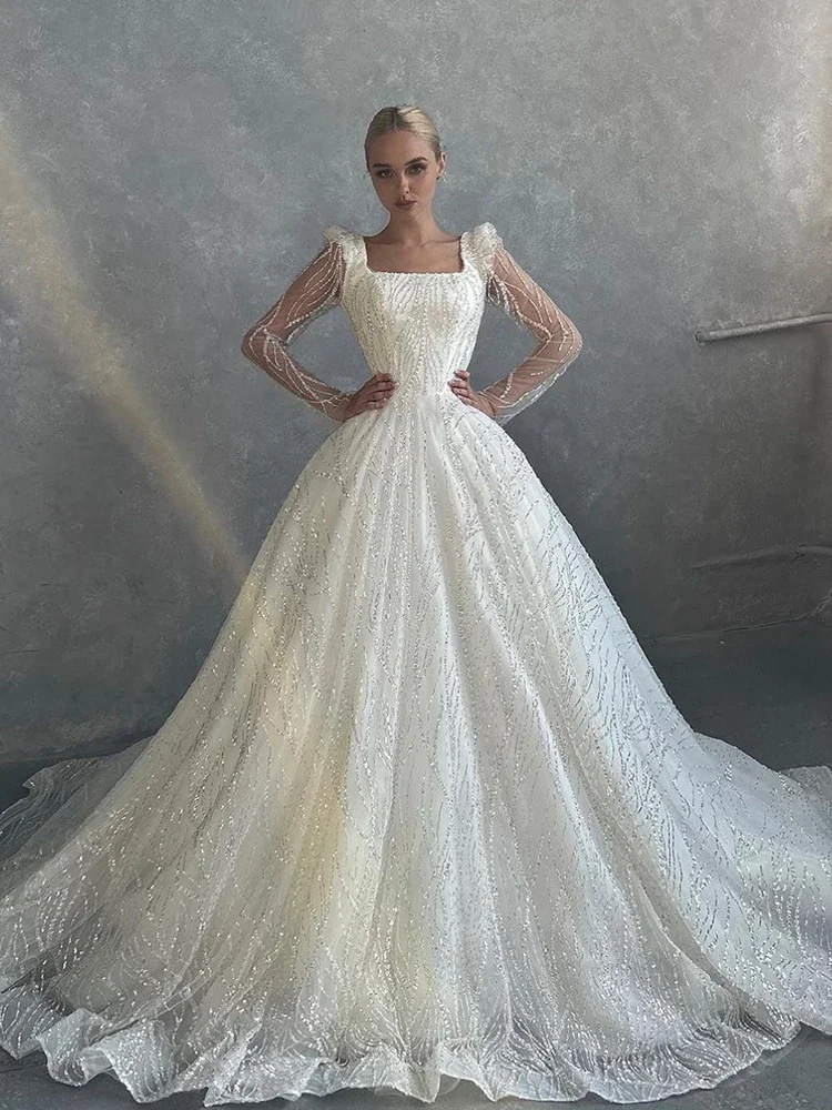 Luxuriöses Hochzeits kleid Taft mit Perlen Ballkleid quadratischen Kragen voller Ärmel Brautkleid zurück Reiß verschluss vestido de novia vintag