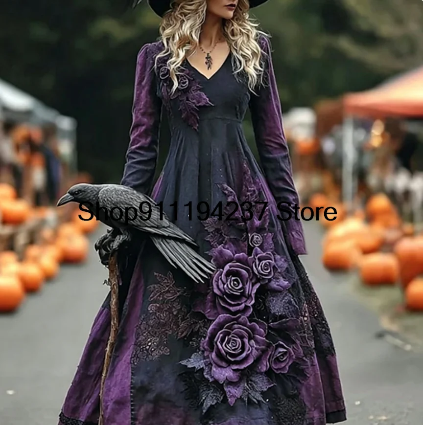 3D Halloween Purple Rose Print Dress Women's Loose-Fit V-Neck Long Sleeve Gothic Floral Dresses