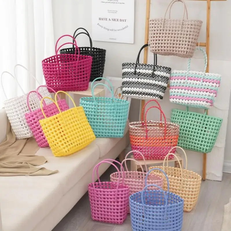 

Fashion PE Straw Top Handle Bags Casual Woven Basket Handbag Summer Beach Bag for Travel Seaside Women Handmade Go Out Tote Bags