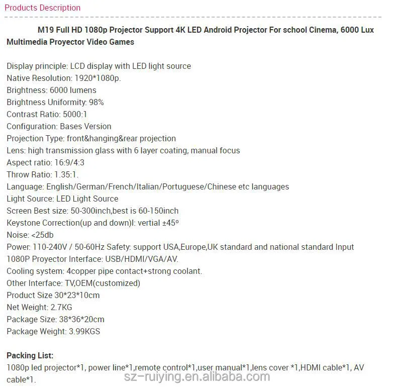 1080P FHD Android 9 LED Video Projector M19 Brightest Beamer For Home Theater And Overhead Business With WIFI 3D Functionality