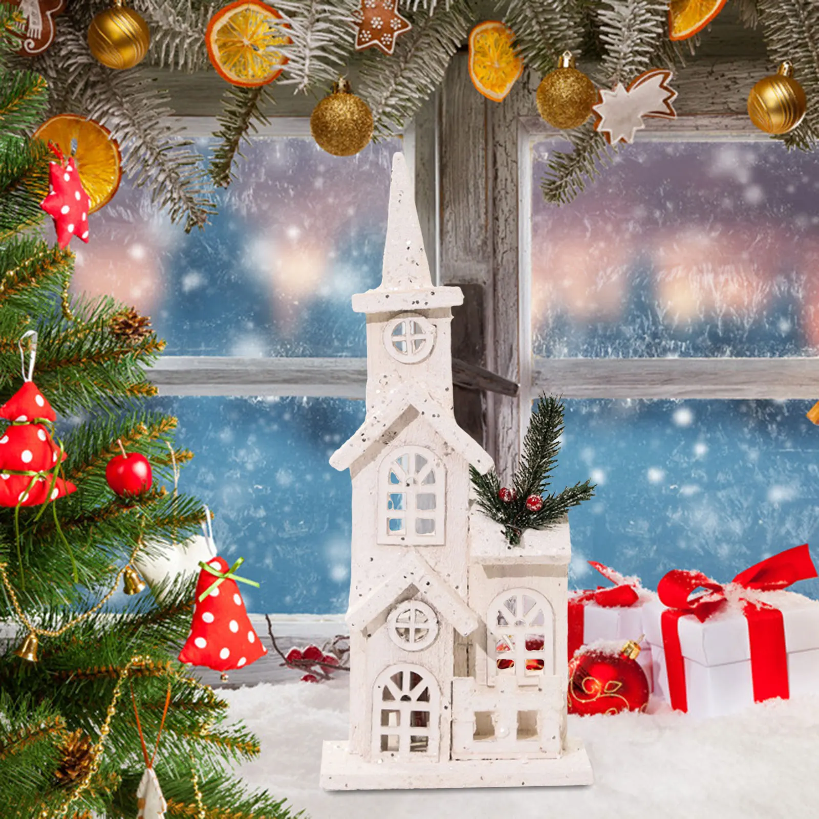 Christmas LED Wooden House Christmas Town Scene Figurines Ornaments Christmas Decoration for Xmas Party Festival Holiday Winter