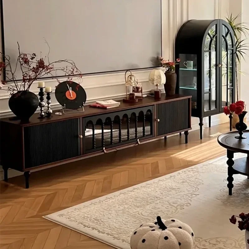 

French retro solid wood TV cabinet, small apartment living room storage locker integrated