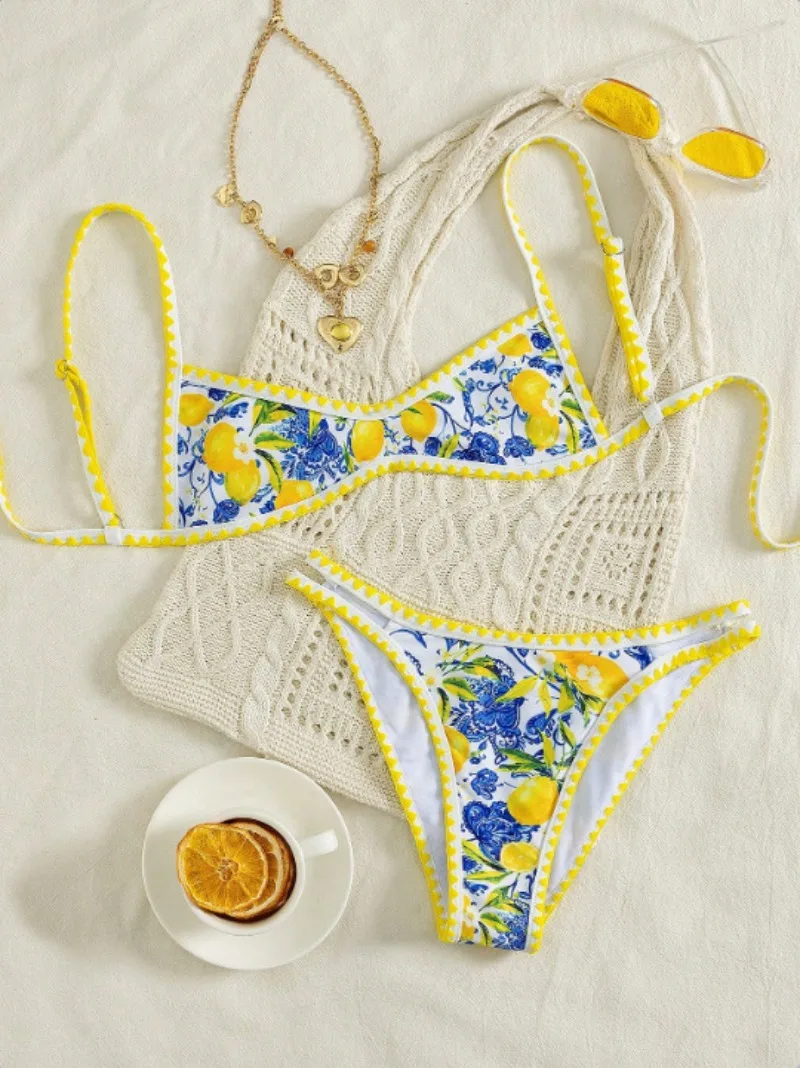 sexy yellow lemon print micro bikinis sets two pieces back tie swimsuits bathing suit swimwear biquini tankini trikini