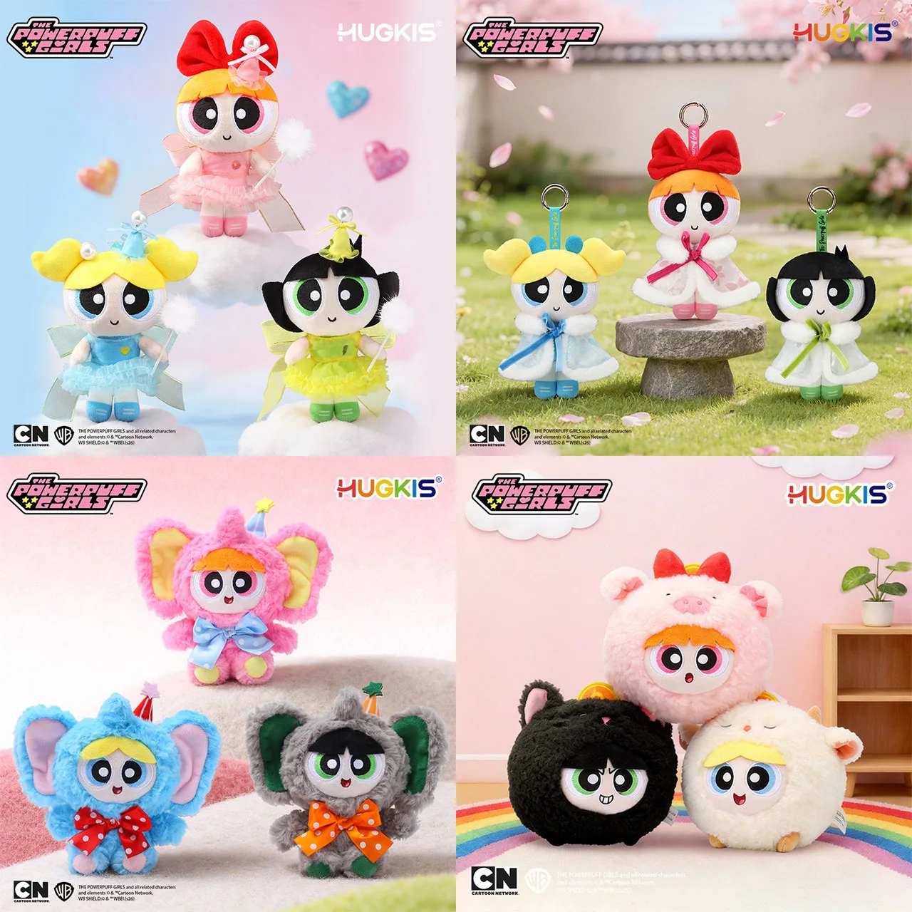 Authentic HUGKIS The Powerpuff Girls Plush Keychain Anime Cute Blossom Bubbles Stuffed Toy Bag Charm Pendant Gift for Girls