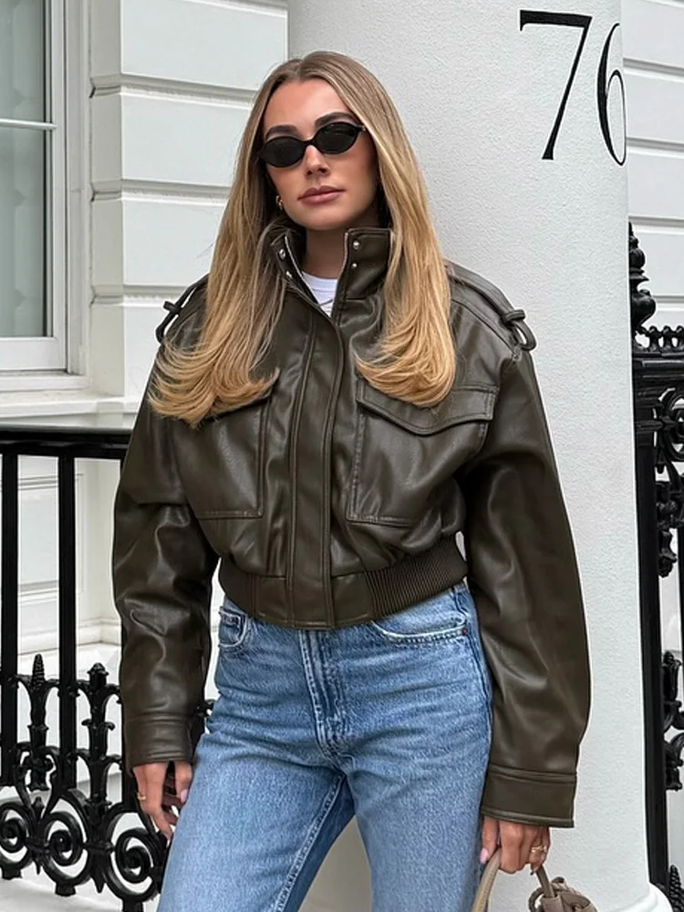 

TRAFZA Women Autumn Streetweer Style Jacket Solid High Collar Pockets Decoration Zipper Female Fashion Long Sleeves Coats 2025