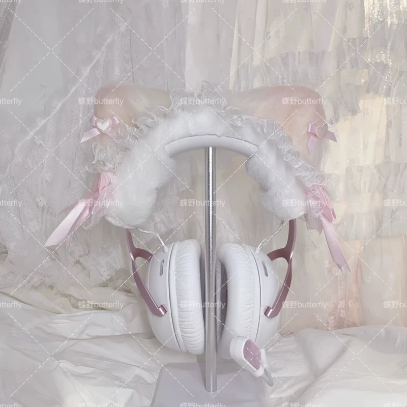 Pink White Devil Meow Head Mounted Headphone Case Customization Cute Headphone Storage Rack Desktop Display Stand Accessories view 4