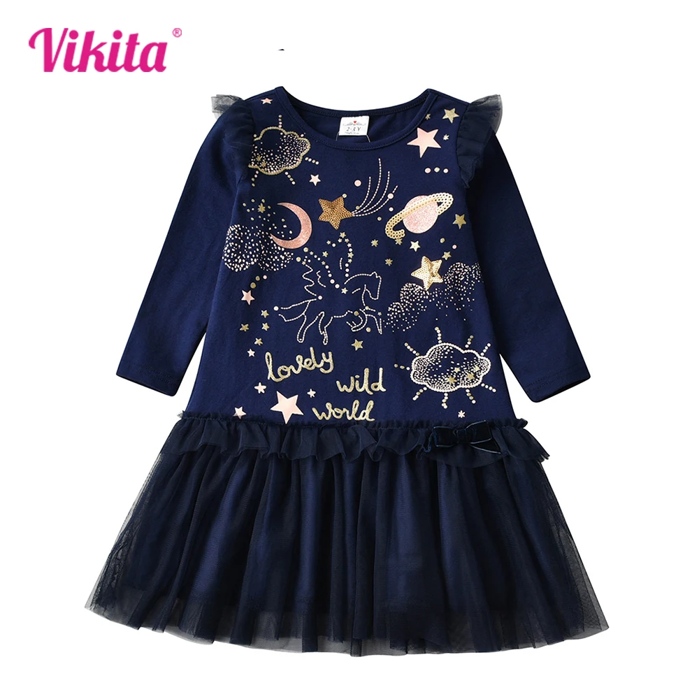 VIKITA Girls Sequined Appliqued Dress Kids Long Sleeve Autumn Spring Patchwork Dresses Girls Cotton Casual Straight Vestidos