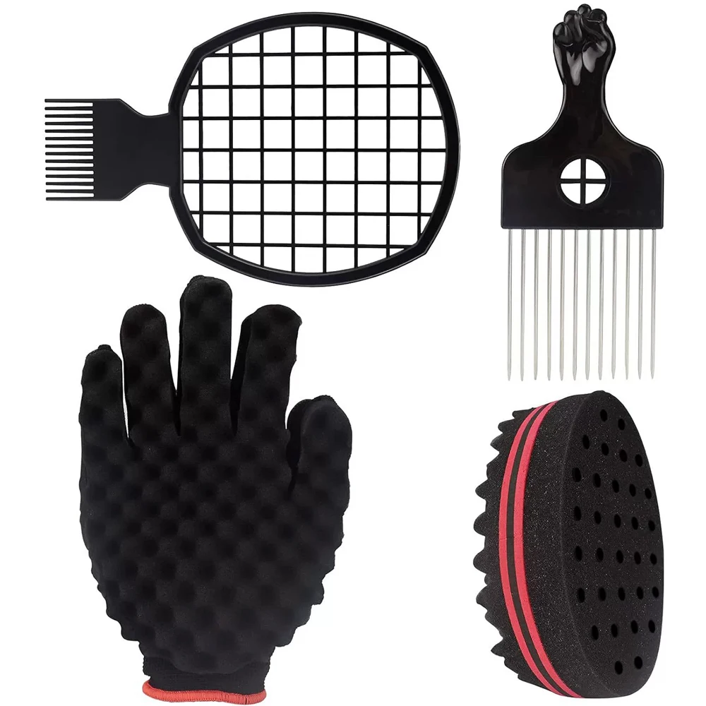 4PCS hair and perm tool set includes: perforated sponge, sponge gloves, perm mesh comb, and steel needle insertion comb