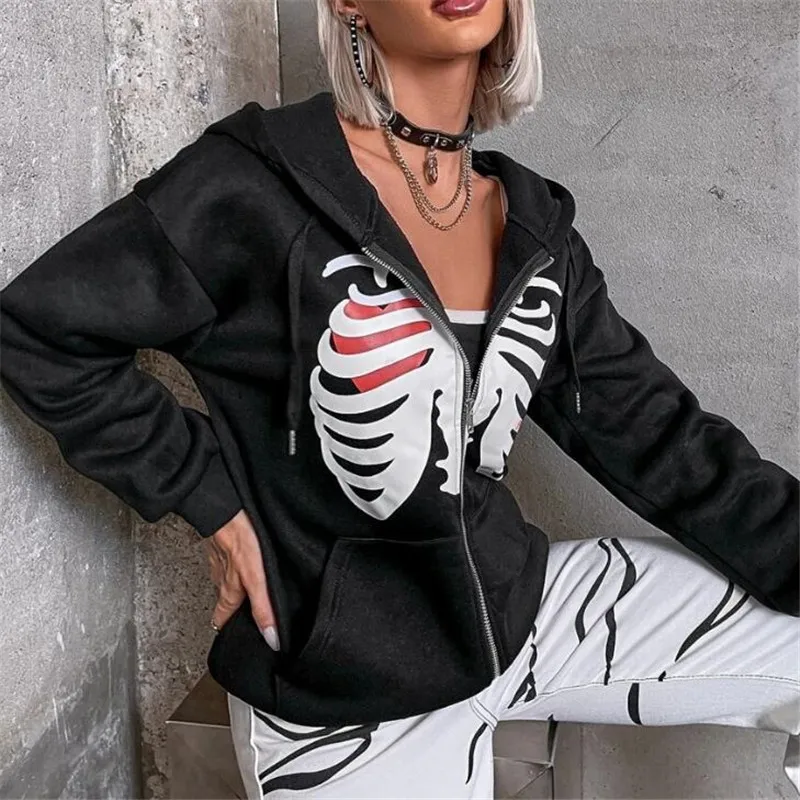 Felpe oversize Punk Harajuku manica lunga Gothic Y2k felpe con Zip Top donna Grunge Skeleton Print giacca allentata capispalla