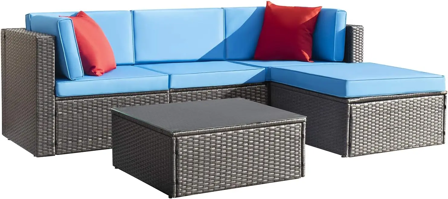 

Patio Furniture Sets All Weather Outdoor Sectional Sofa Manual Weaving Wicker Rattan Patio Seating Sofas with Cushion & Table