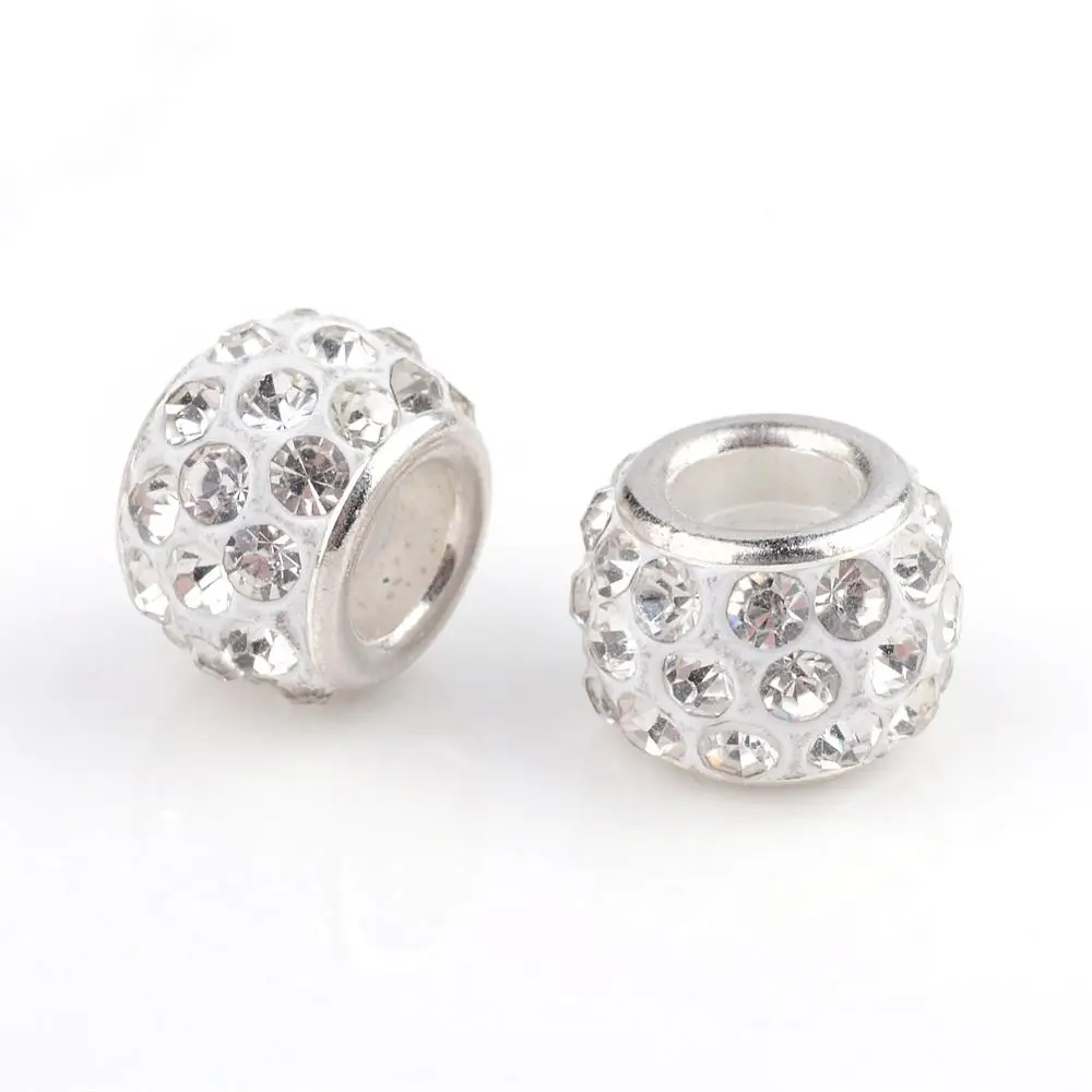 100pcs Polymer Clay Rhinestone European Beads White Large Hole Beads Silver Plated Brass Core Rondelle Beads Necklace