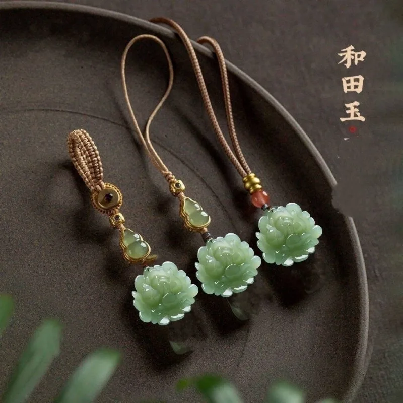 Natürliche Hotan-Jade-Blumenanhänger-Halskette, Schlüsselanhänger, echter Schmuck, Talismane, Amulett, rosévergoldet, Geschenke für Frauen, Vintage-Stein
