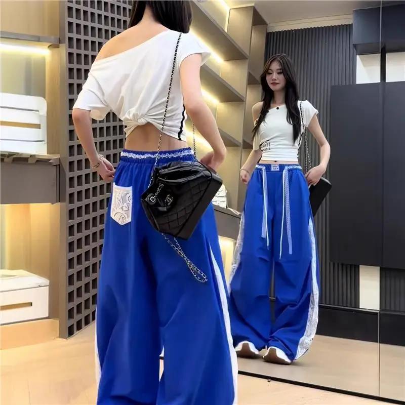 Trendy American Klein Blue Splicing Lace Design Thin Quick Dry Work Pants Sports Wide Leg Casual Paratrooper Pants 3