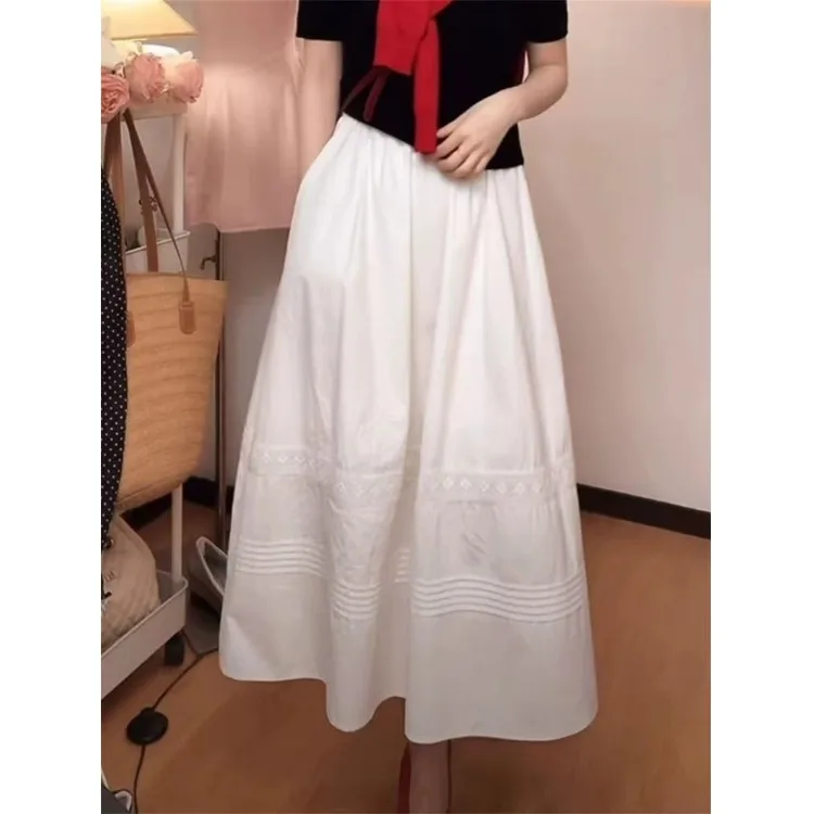 

White High Waist Midi A-Line Skirt with Lace Trim Commute Style Cotton Casual High Waist Spring Summer New Arrival