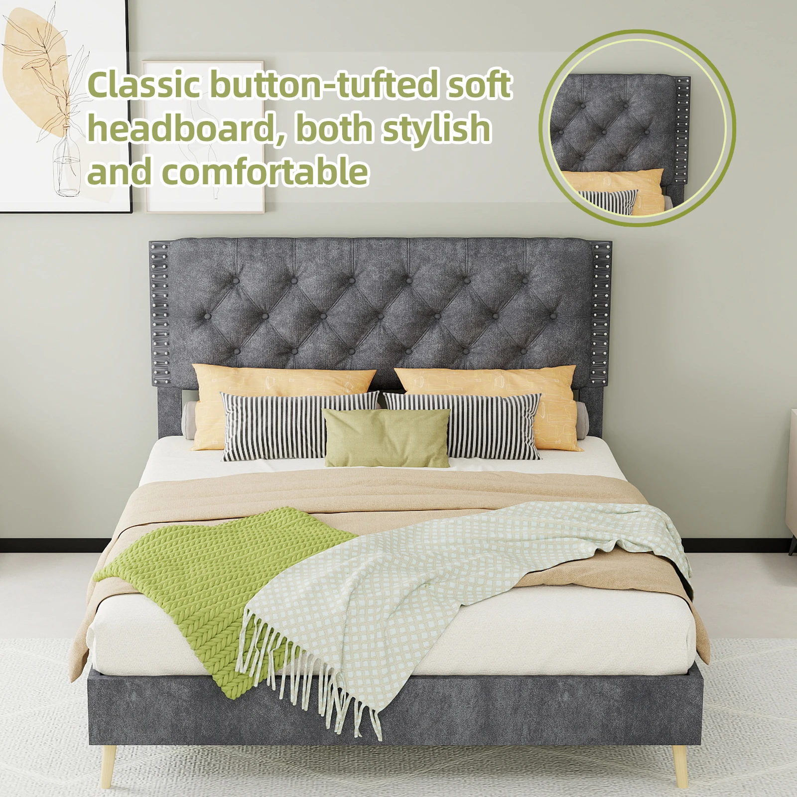 Full Size Upholstered Bed Frame with Tufted Velvet Headboard, Noise-Free Wood Slat Support, Sturdy & Easy Assembly, Gray