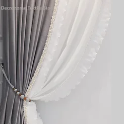 Cortinas francesas de lujo para sala de estar, comedor romántico, dormitorio, ventanas, terciopelo gris, costuras de alto sombreado, encaje, Color sólido