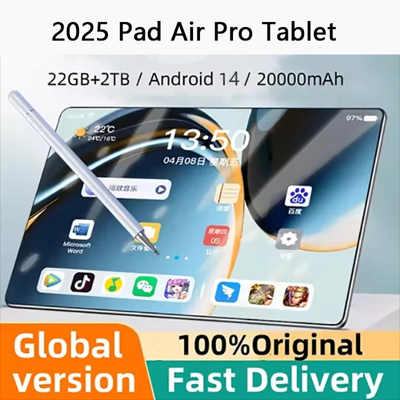

2025 Оригинальный 10,1-дюймовый планшетный ПК Pad Air Pro 20000 мАч Snapdragon 870 Android 14 22 ГБ ОЗУ 2 ТБ ПЗУ 5G Dual SIM GPS 5K WIFI Tablet