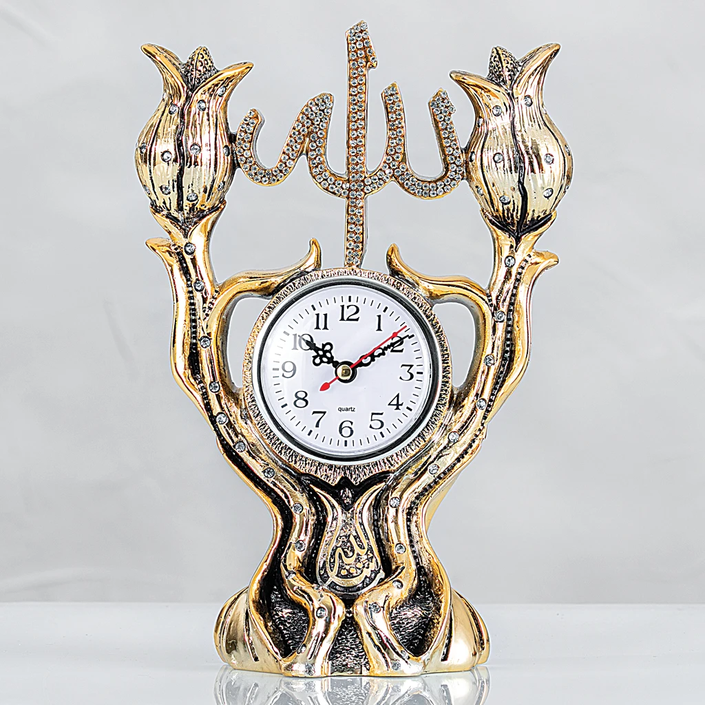 LaModaHome Gold Color Tulip Design Allah Name Islamic Gift Table Watch for Home