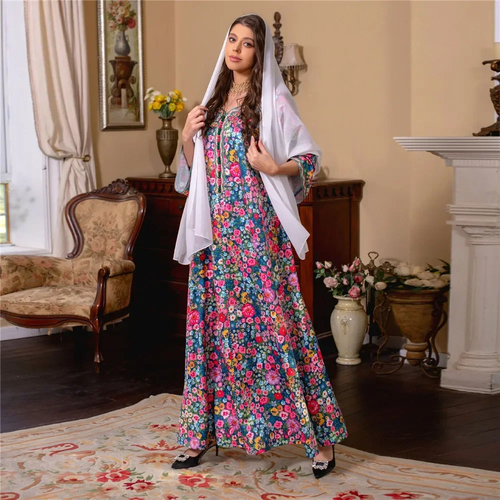 Moroccan Jalabiya 2025 Women Abaya Muslim Hijab Dress Vintage Floral Print Kaftan Ramadan Dubai Modest Dresses Party Arabic Gown