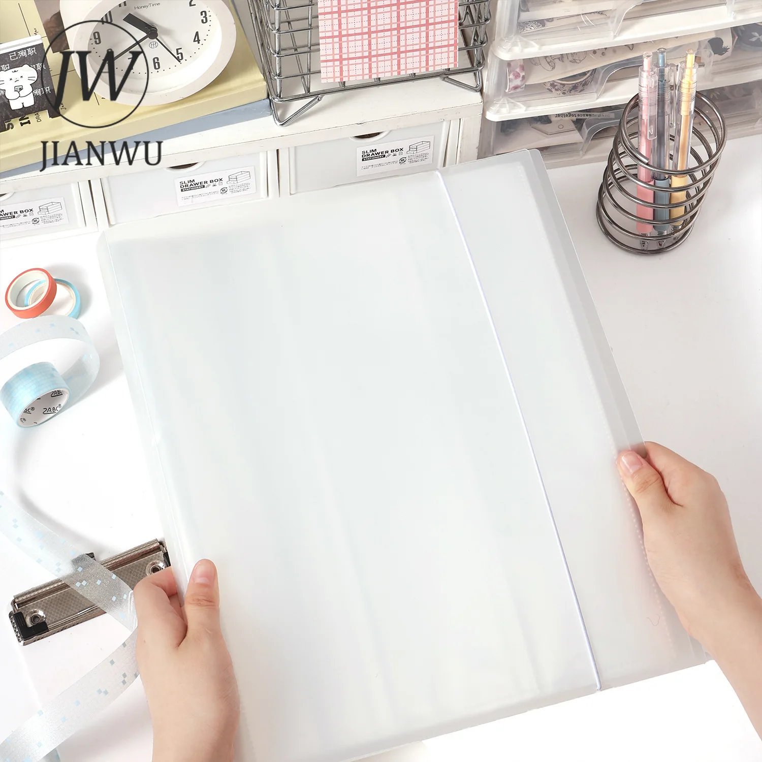 JIANWU Transparent Three-compartment Material Collage Tape Storage Book Creative DIY Journal Student Supplies Stationery