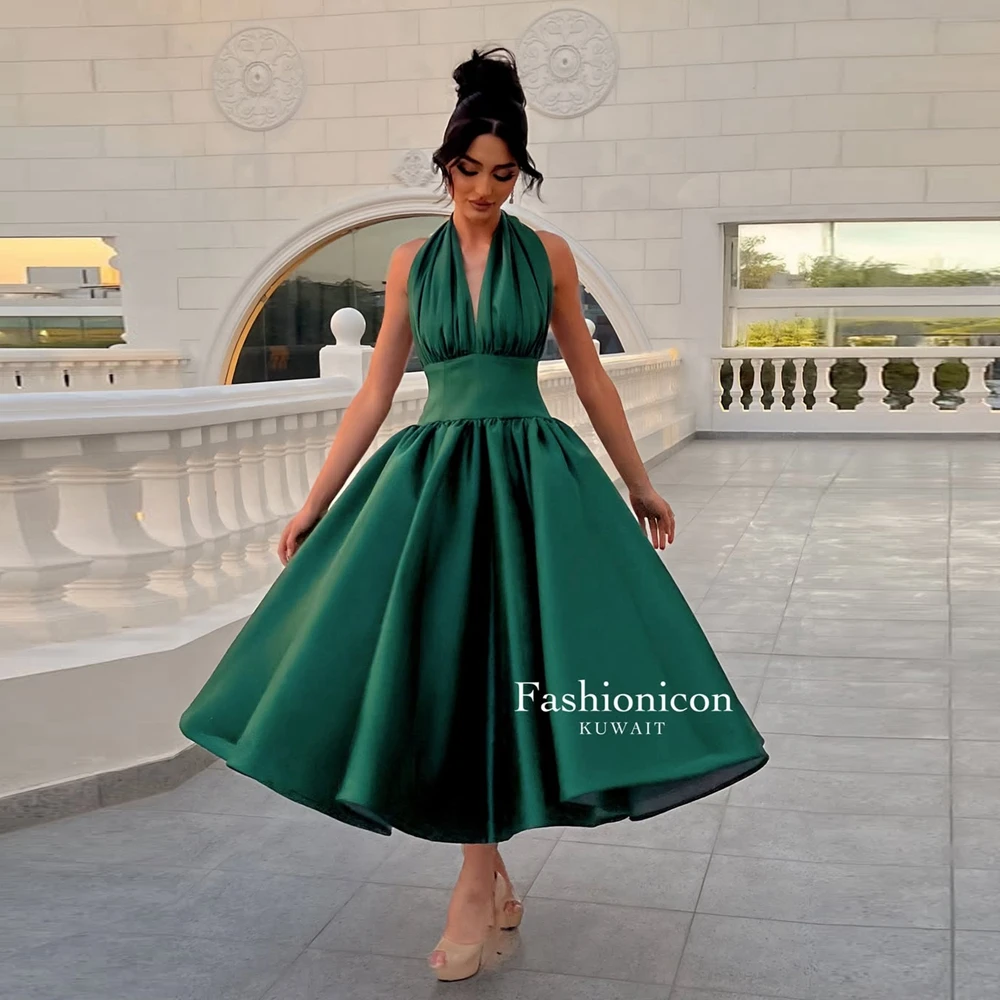 

Elegant Halter Neck Taffeta Cocktail Dress Vintage Satin Ankle Length Formal Party Gowns Chic Pleated Puffy Special Prom Dresses