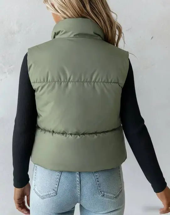 سترة بدون أكمام مملوءة بأكمام دافئة للنساء في أزياء الشتاء، طراز كلاسيكي، سحاب أمامي، سترة قصيرة للأسفل #2