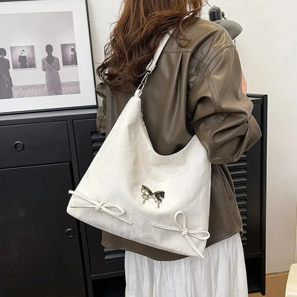 

Satin Surface Bow Ribbon Handbag Solid Color Metal Butterfly Texture Underarm Bag Gentle Minimalist Zipper Shoulder Bag Daily