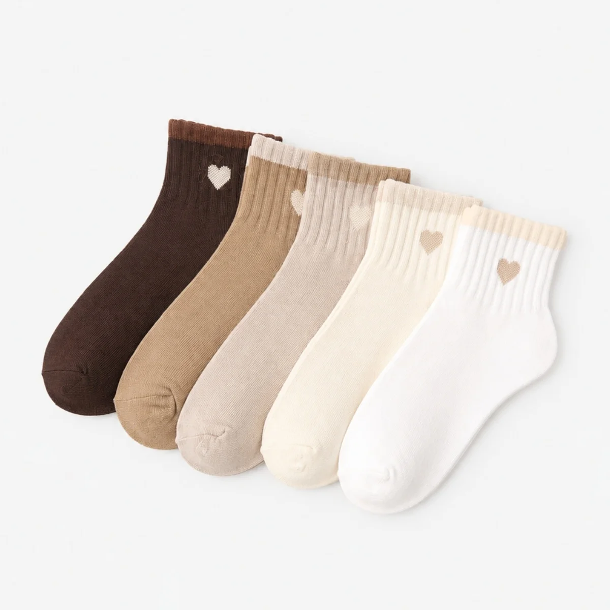 5/10 Pairs of Multi-Colored Women's Short Socks, Coffee-Colored Heart-Patterned Knit, Breathable, Versatile, Elegant, Slimming, Comfortable, Moisture-Wicking, Suitable for Spring, Summer, Autumn, and Winter