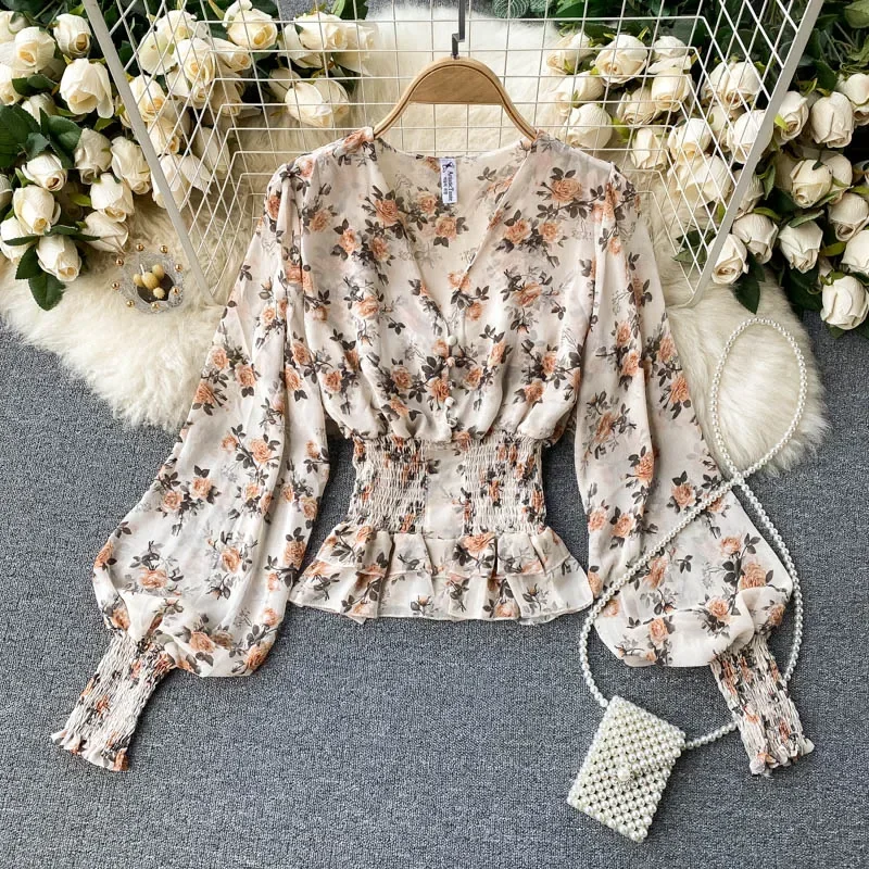 Spring Summer Women\'s Blouse French Retro Floral V-neck Puff Sleeve Top New Waist Slim Long-sleeved Female Short Tops HH529