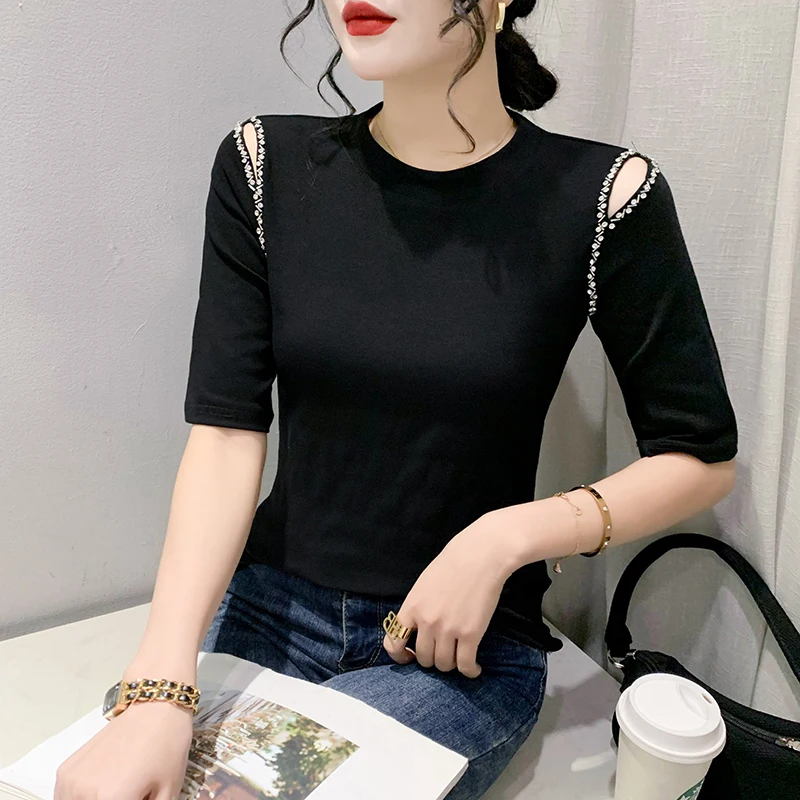 Black Summer Korean Style Cotton T-Shirt Chic Sexy Hollow Out Shiny Beading Women Tops Half Sleeve Hand Made Tees 2024 New 4489