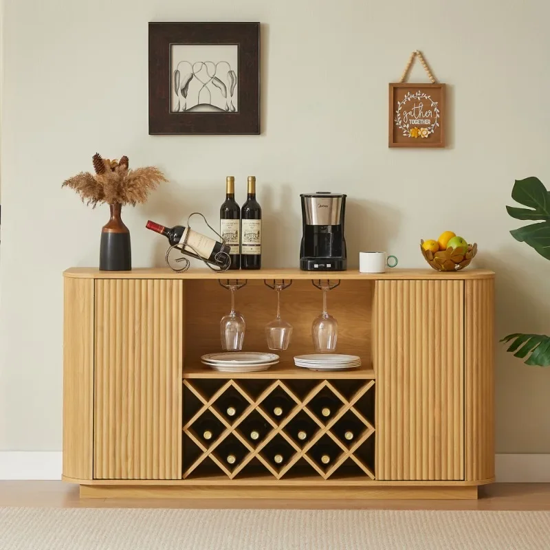 

Light Wood Wine Cabinet with Glass Holder and Wine Rack Multifunctional Buffet Sideboard for Dining Room Living Room