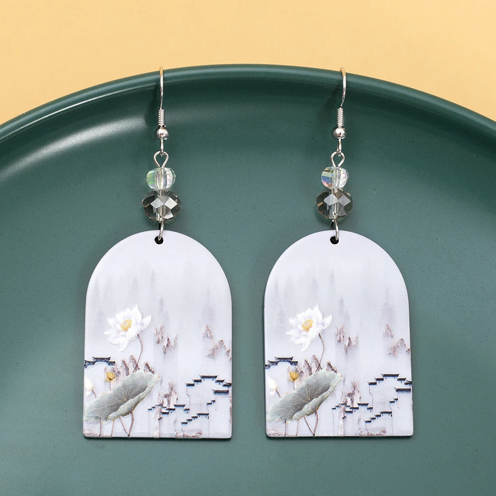 Fashion Ink Painting Lotus Flower Gray Acrylic Elegant Earrings For Women Paired With Shiny Glass Vacation Style Girls Jewelry