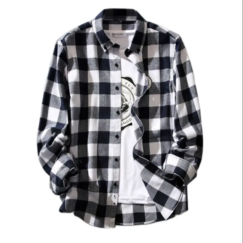 Vintage Plaid Short Men Spring Autumn Long Sleeve Streetwear Cotton Oversize Casual Fashion Top Blouse 2023 Wholesale