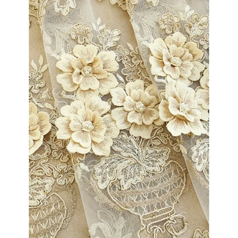 New European Style Retro Relief Three Flowers Embroidery Gauze Living Room Bedroom Balcony Curtains