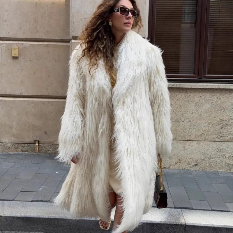 2025 خمر لينة طويلة الشعر فو الفراء بدوره إلى أسفل التلبيب الستر معطف الخريف الشتاء رشاقته الدافئة الفراء رقيق الأبيض سترات طويلة القمم