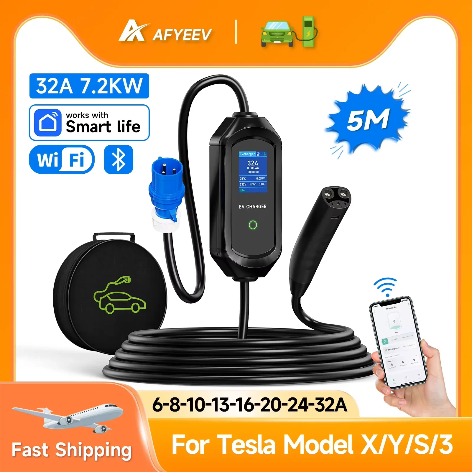 AFYEEV 16A/32A Przenośna ładowarka samochodowa do Tesla EVSE Charging Box EU US CEE Plug Ładowarka samochodowa do Tesla Model X/Y/S/3