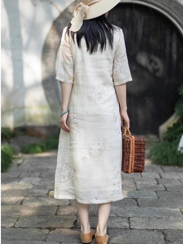 Ele V-Ne bordado A-Line Dr cinco cuartos Sve modificado chino Sle Midi Dr Verano 2025