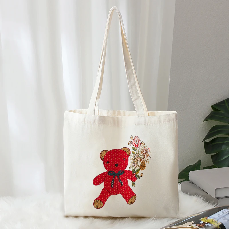 Aesthetic Vintage Bear Floral Canvas Tote Bag Sweet Teddy Flower Print Eco‑Friendly Reusable Ladies Casual Shopping Handbag