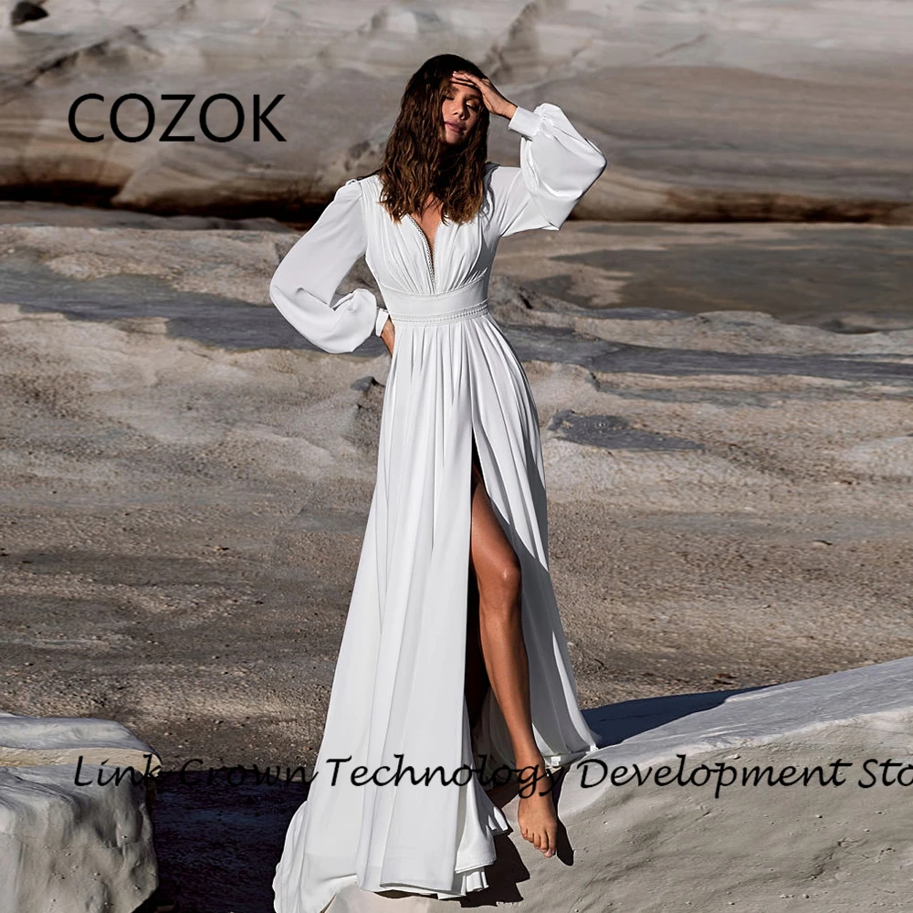 

COZOK Charming V Neck Wedding Dresses with Pleat Side Slit Bridal Gowns for Women 2024 Summer New Full Sleeve Vestidos De Novia