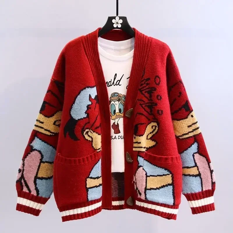 MINISO Disney Donald Duck Anime Cartoon Sweater Women\'s Coat Autumn/winter Loose Cardigan Knitted Sweater Top Clothing Gift Girl