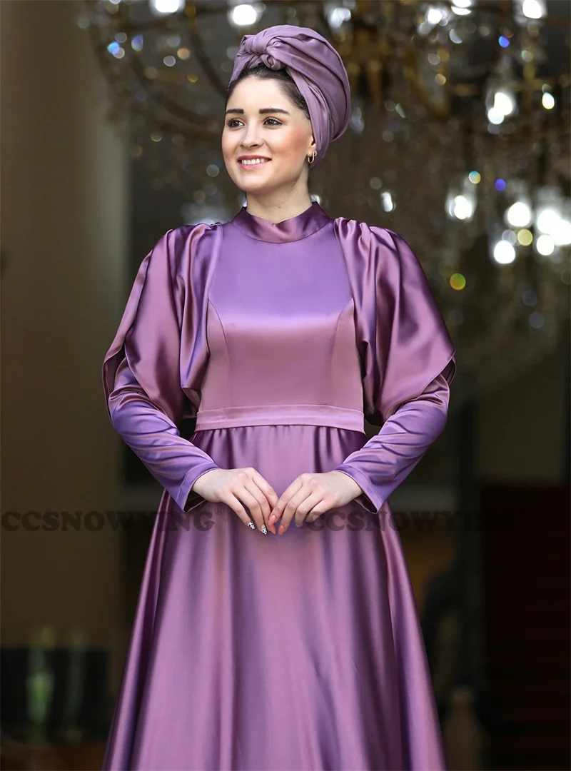 Robe De Soirée élégante en Satin, manches longues, Hijab, col haut, style musulman, arabe, dubaï, islamique