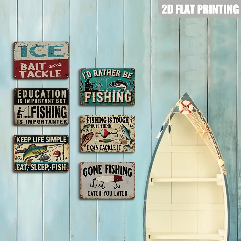 2D Flat, [JIT]Decorative Sign& Plaque 2D Flat, 6pcs Vintage Fishing Metal Sign, Fishing Wall Hanging Poster, Gone Fishing Wall P