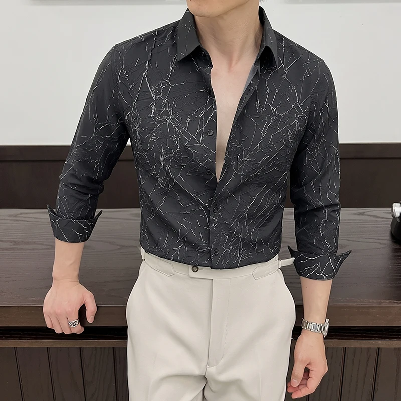 Fashion Handsome Long Sleeve Men Shirts Autumn Button Up Striped Emboss Men's Casual Shirt Prom Party Slim Tuxedo Blouses Man