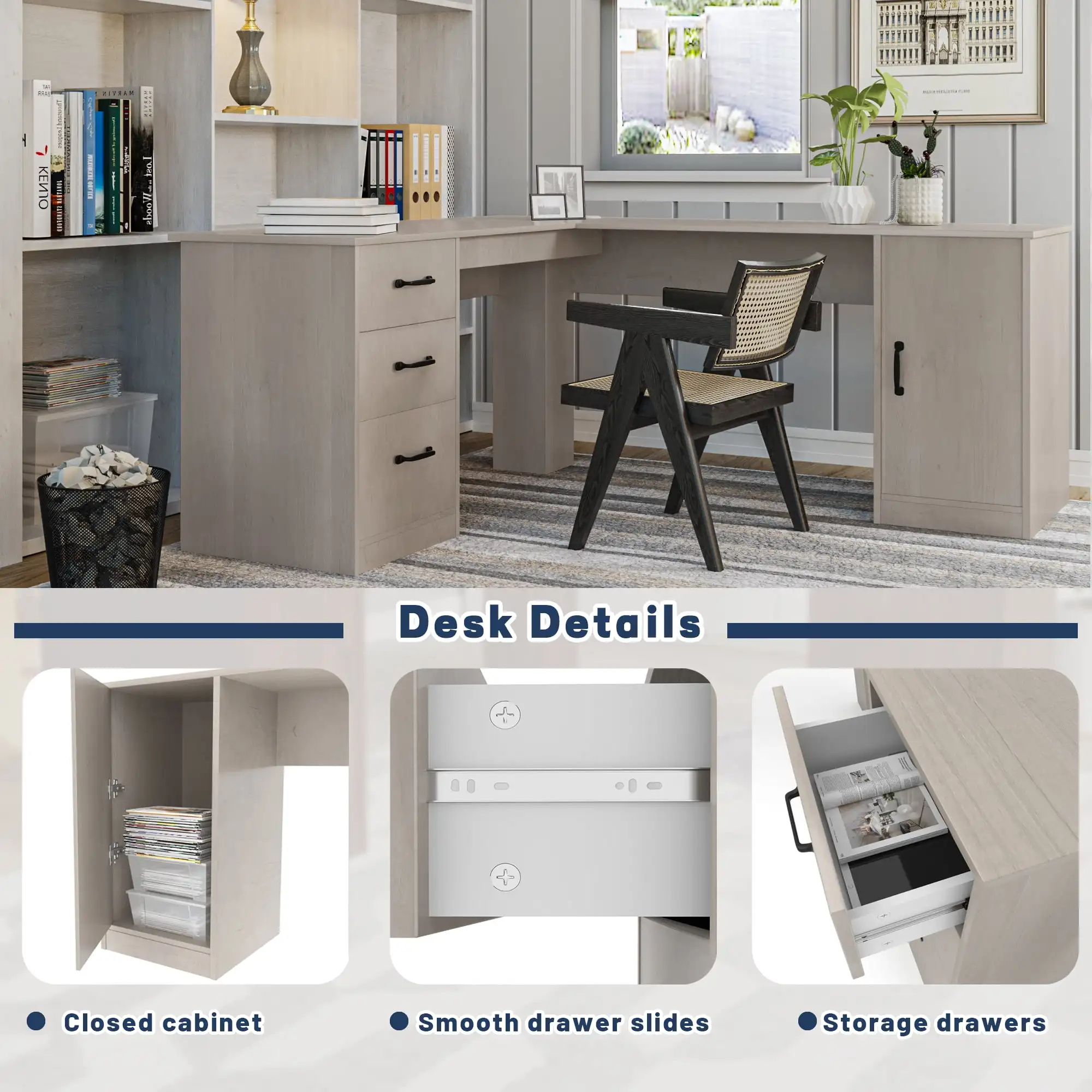 L Shaped Desk Corner Office Desk Computer Desk with Storage Cabinet & Drawers, Gray