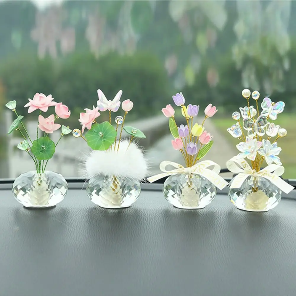 Creative Mini Crystal Glass Flowers Lotus Shaped Realistic Auto Interior Decoration Romantic Crystal Base