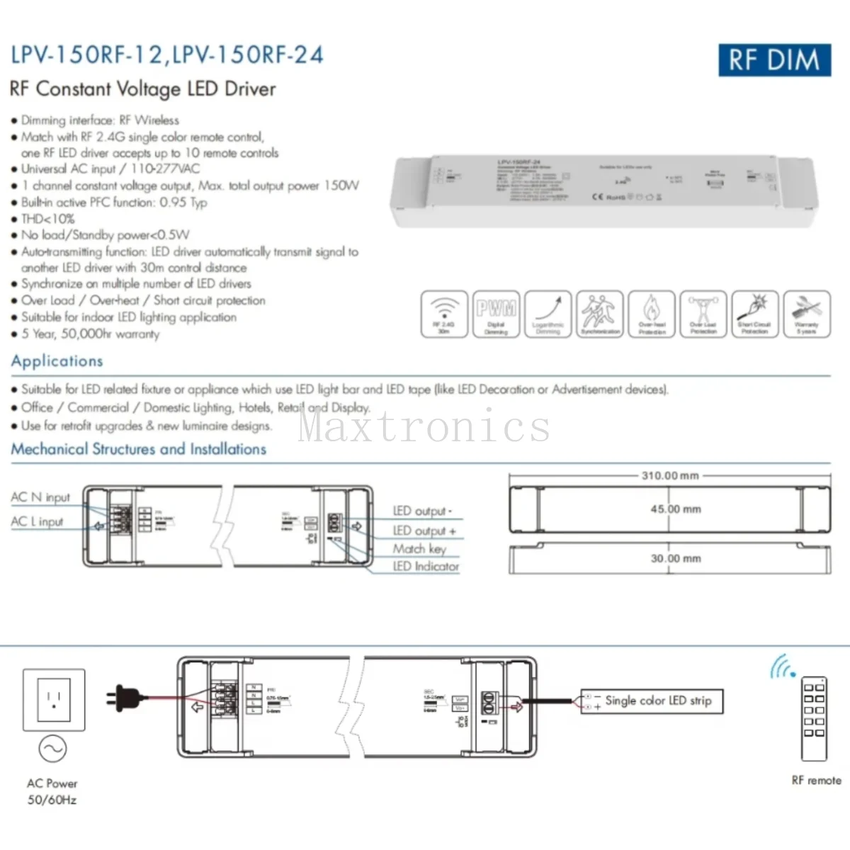 40W/75W/150W RF Dimmable LED Driver Remote Push-dim Power Supply LED Dimmer Lighting Transformer for LED Strip Lights DC12/24V