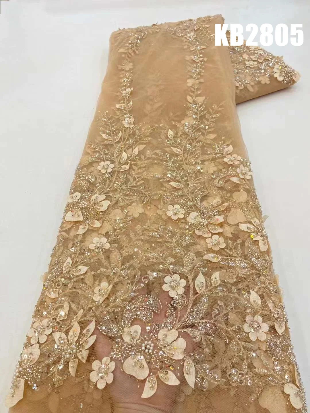 Rose Gold 3D Flower Beaded Lace Fabrics Luxury Sequins Beads Evening Dress 2023 French Lace Fabrics Embroidery For Sewing KB2805