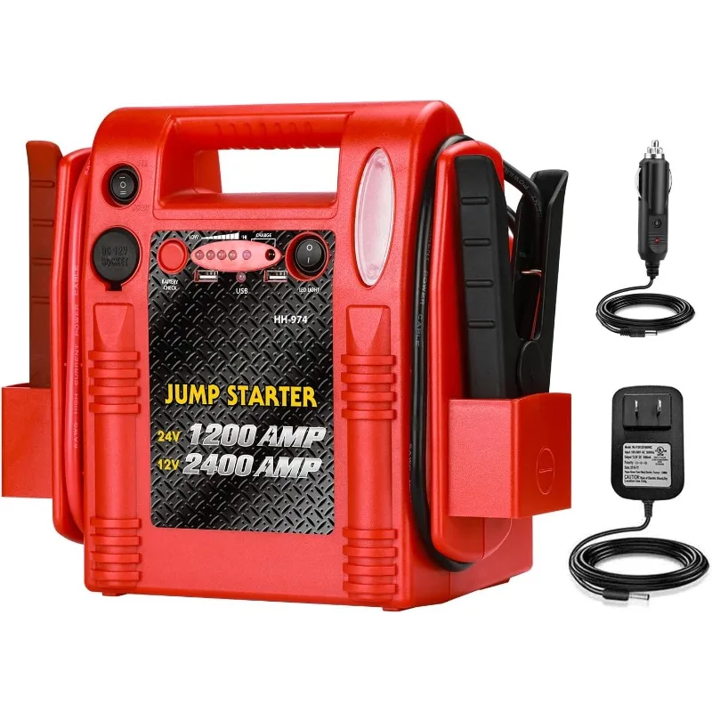 12V / 24V Jump Starter, acetek 2400/1200 Peak Amp Battery Jump Starter with USB and DC Output