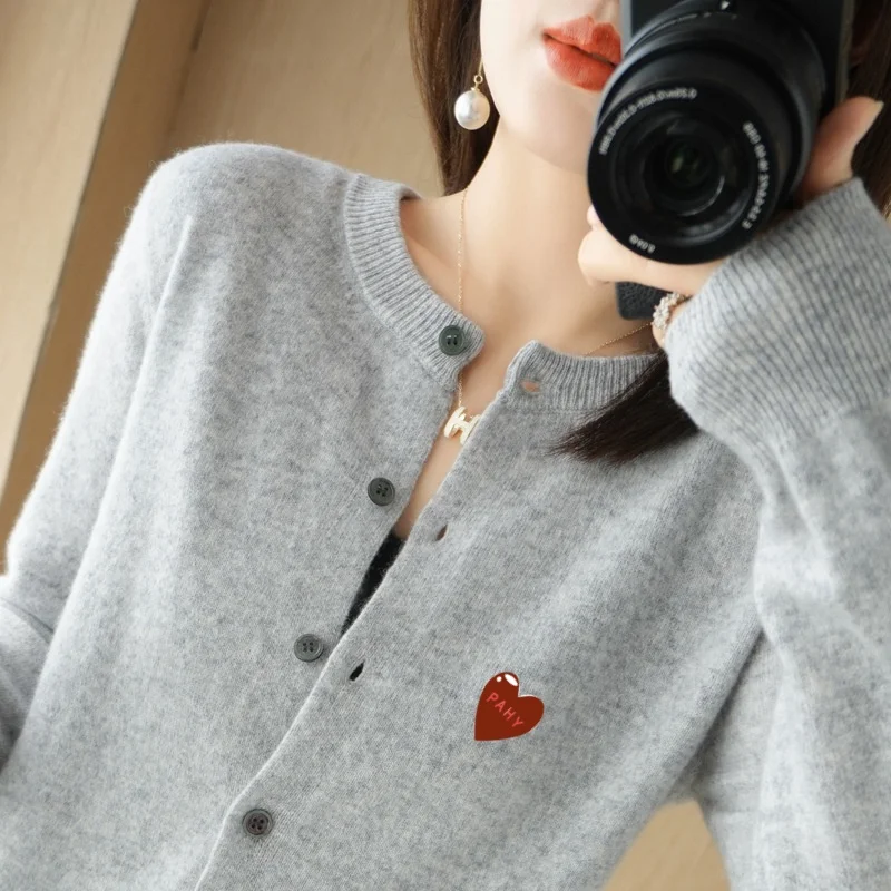 Fashion Long Sleeve 100% Pure Merino Sweaters Wool Spring Autumn Cashmere Women Knitted O-Neck Top Cardigan Clothing Tops